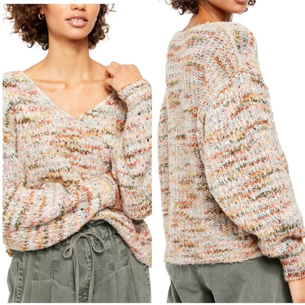 FREE PEOPLE Mendocino Highland Deep V Neck Marled Knit Sweater Multi NWT XS